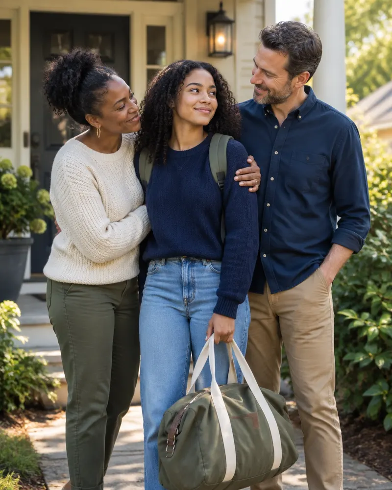 Biracial parents sharing a warm goodbye with their college-bound adult child on a front porch