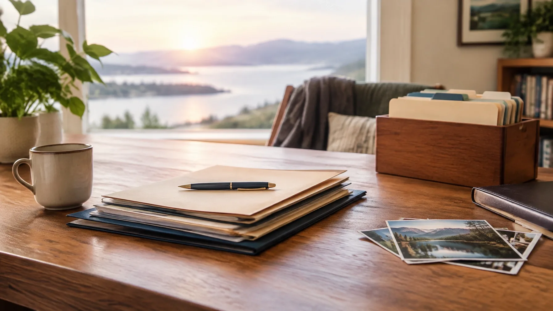 Planning notebook and organized folders on a kitchen table