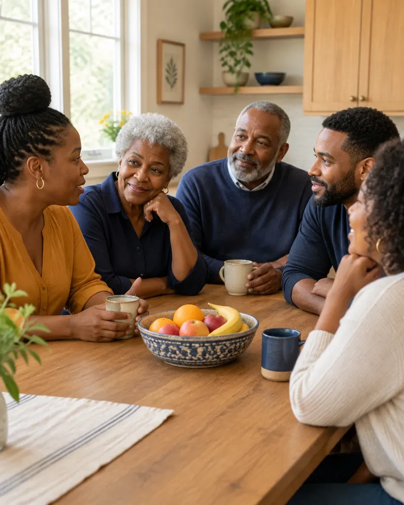 Black multigenerational family with adult children and parents sharing a warm conversation around a kitchen table
